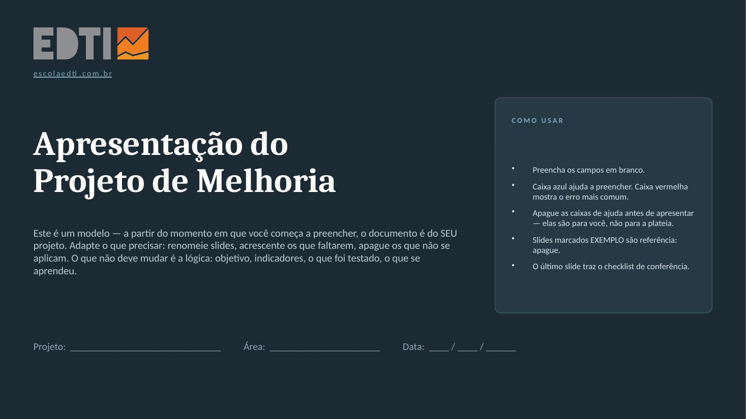 Slide de capa do template de apresentação de projeto de melhoria da EDTI
